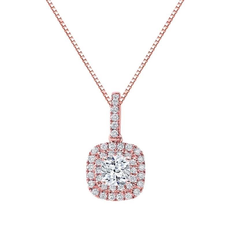 Auriya 14k Gold 1 3/5ct TDW Double Halo Cushion Cut Diamond Necklace (H-I, SI2-SI3)