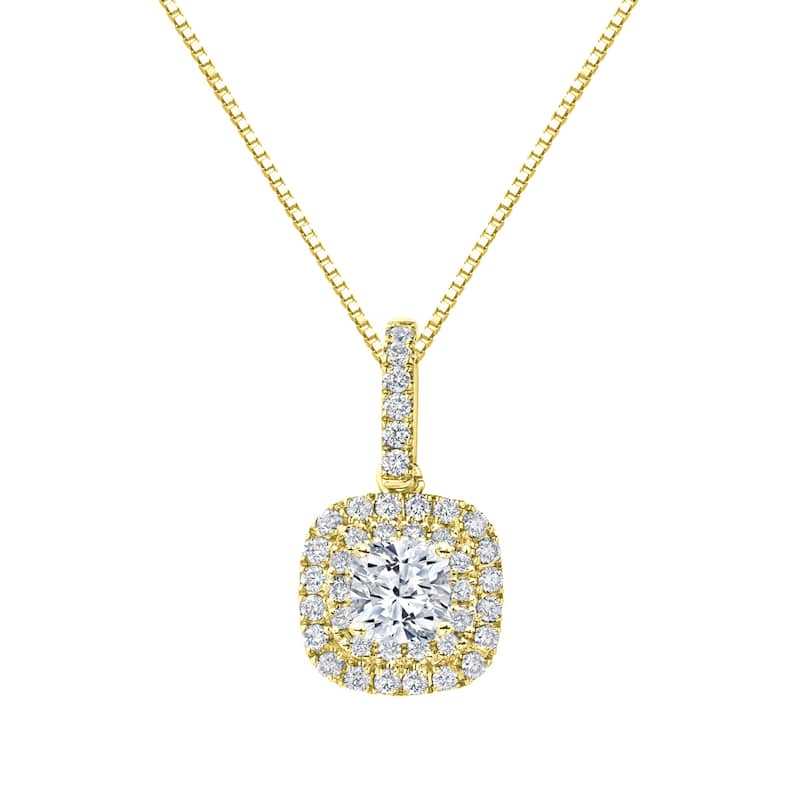 Auriya 14k Gold 1 3/5ct TDW Double Halo Cushion Cut Diamond Necklace (H-I, SI2-SI3)
