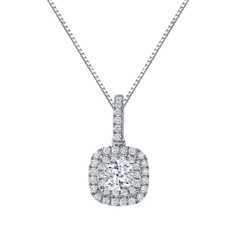 Auriya 14k Gold 1 3/5ct TDW Double Halo Cushion Cut Diamond Necklace (H-I, SI2-SI3)
