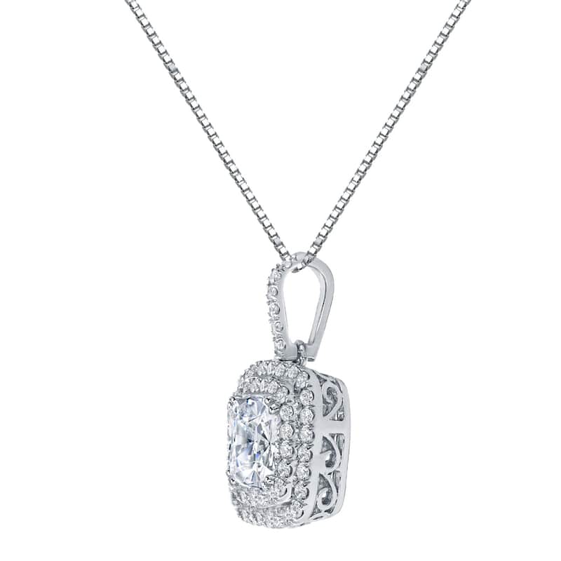 Auriya 14k Gold 3 1/10ct TDW Certified Cushion Cut Double Halo Diamond Necklace (SI1-SI2)