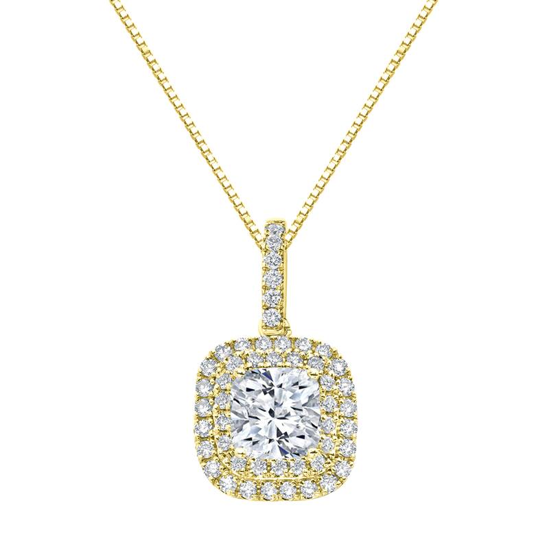 Auriya 14k Gold 3 1/10ct TDW Certified Cushion Cut Double Halo Diamond Necklace (SI1-SI2)