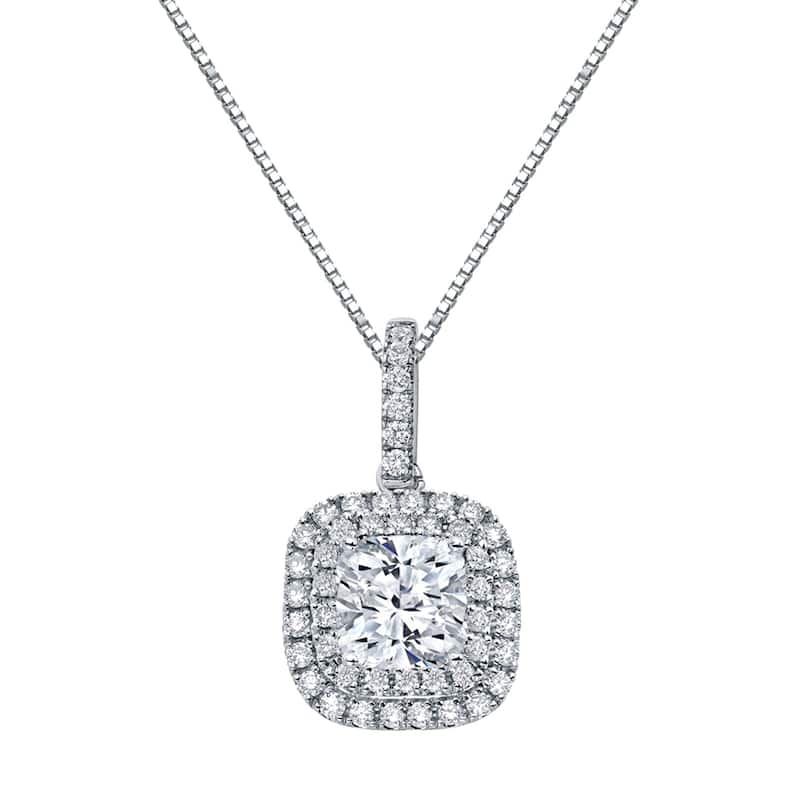 Auriya 14k Gold 3 1/10ct TDW Certified Cushion Cut Double Halo Diamond Necklace (SI1-SI2)
