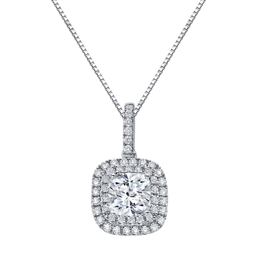 Auriya 14k Gold 3 1/10ct TDW Certified Cushion Cut Double Halo Diamond Necklace (SI1-SI2)