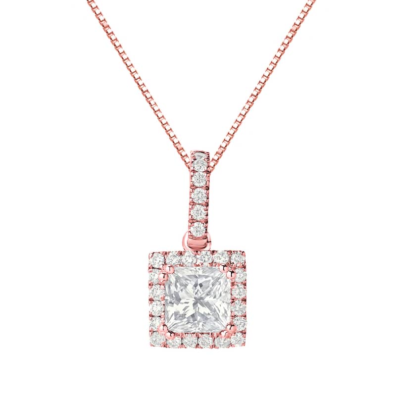 Auriya 14k Gold 1 1/4ct TDW Certified Princess-Cut Halo Diamond Necklace (J-K, SI2-SI3)