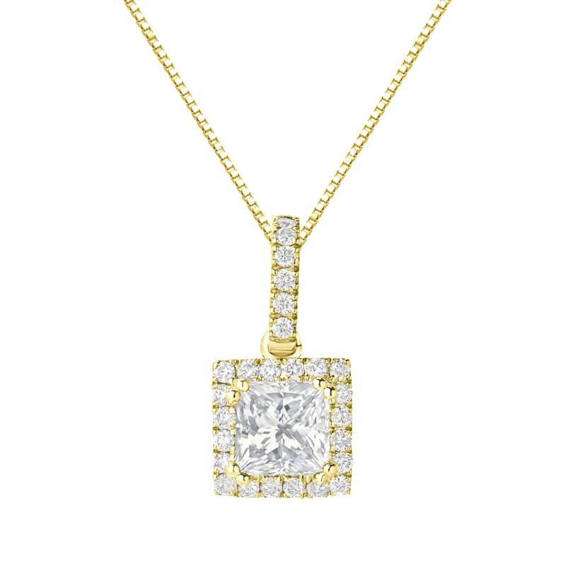 Auriya 14k Gold 1 1/4ct TDW Certified Princess-Cut Halo Diamond Necklace (J-K, SI2-SI3)