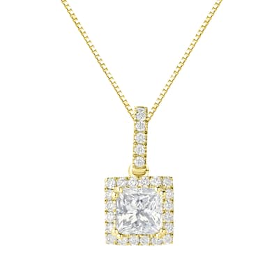 Auriya 14k Gold 1 1/4ct TDW Certified Princess-Cut Halo Diamond Necklace (J-K, SI2-SI3)
