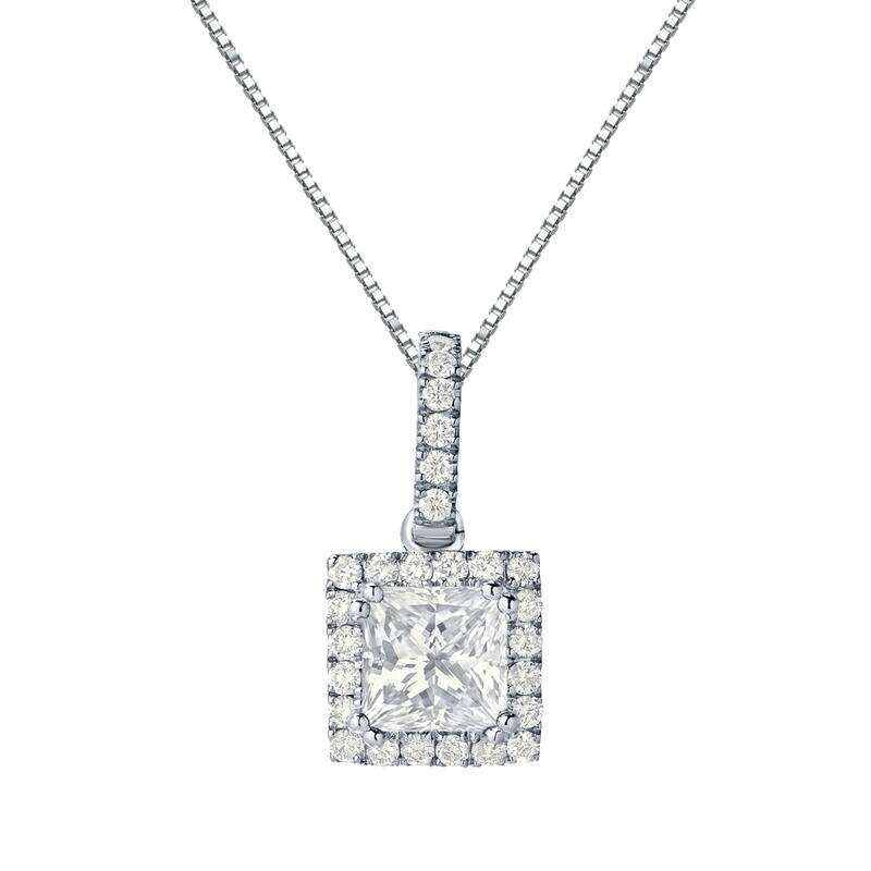 Auriya 14k Gold 1 1/4ct TDW Certified Princess-Cut Halo Diamond Necklace (J-K, SI2-SI3)