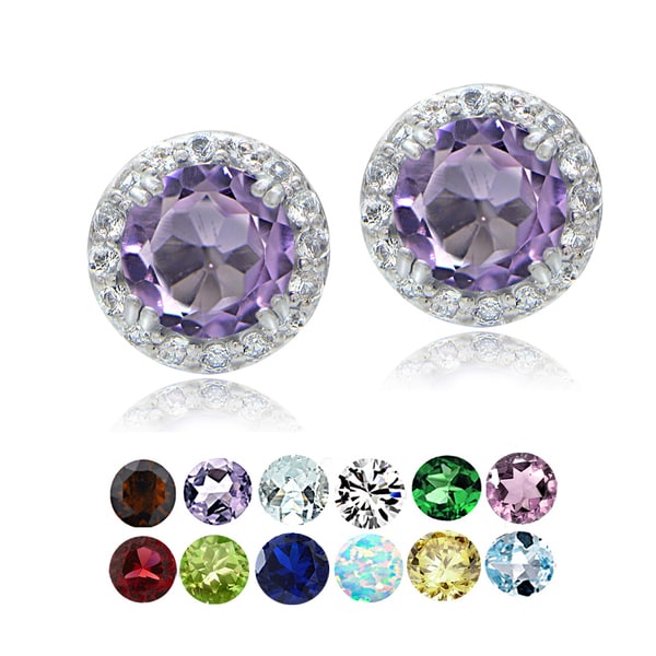Glitzy Rocks Sterling Silver Gemstone & White Topaz Halo Stud Earrings