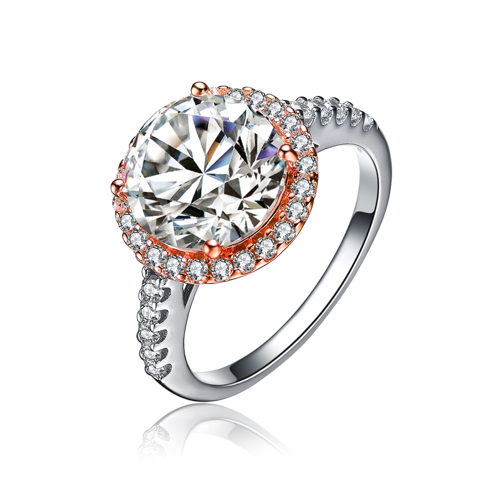 Hinghok 6mm Women Rose Gold Silver Stainless Steel Fashion Zircon Wedding Ring CZ Prong-Set Engagement 2tone Band Size 7