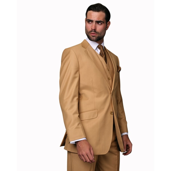 Statement Men's Camel Wool 3-piece Suit