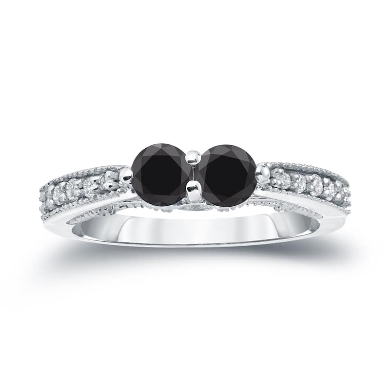 14k Gold Milgrain Two Stone Round 1/2ct TDW Black Diamond Ring by Auriya