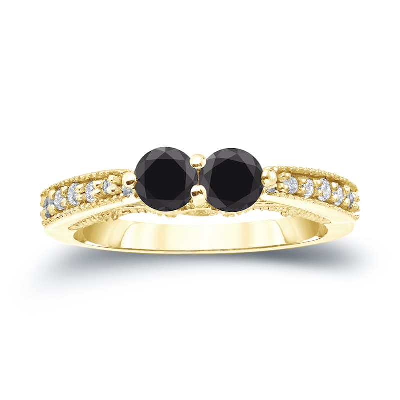 14k Gold Milgrain Two Stone Round 1/2ct TDW Black Diamond Ring by Auriya