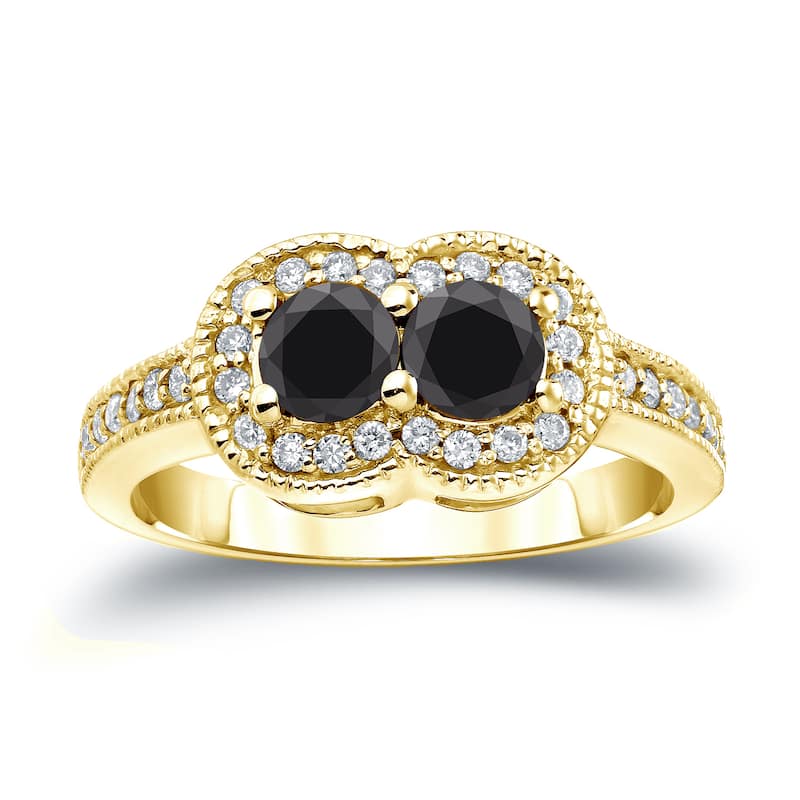 14k Gold Modern Round 1ct TDW 2-Stone Black Diamond Ring by Auriya