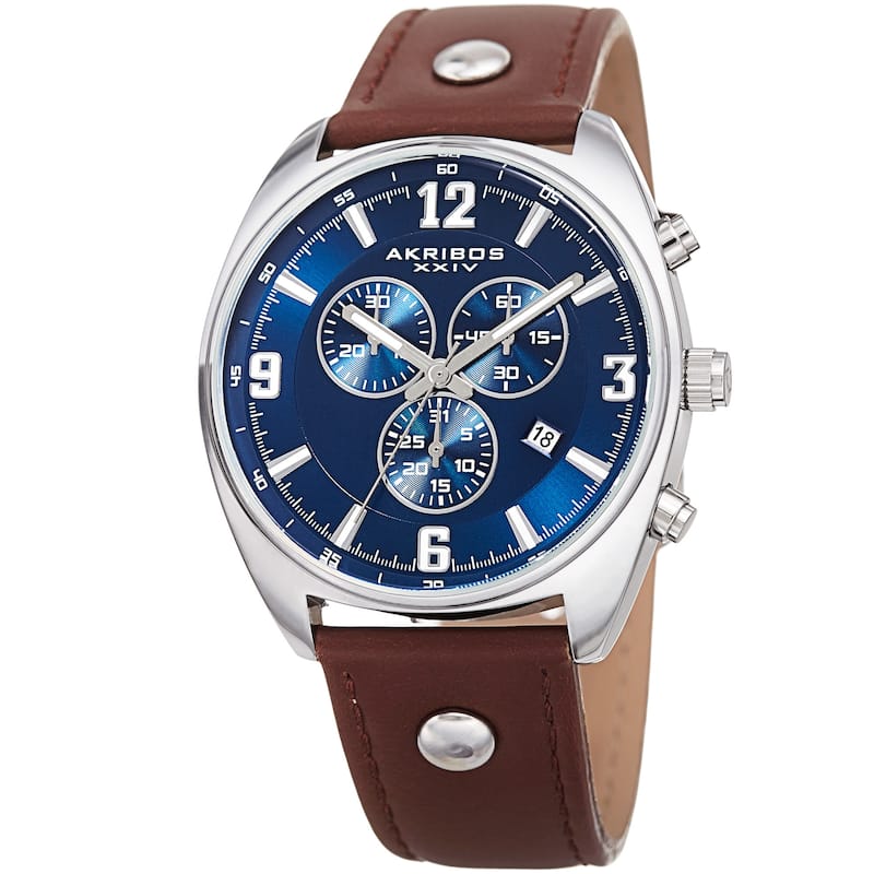 Akribos XXIV Men's Swiss Quartz Chronograph Multifunction Brown/Blue Strap Watch - Brown Strap, Blue Dial