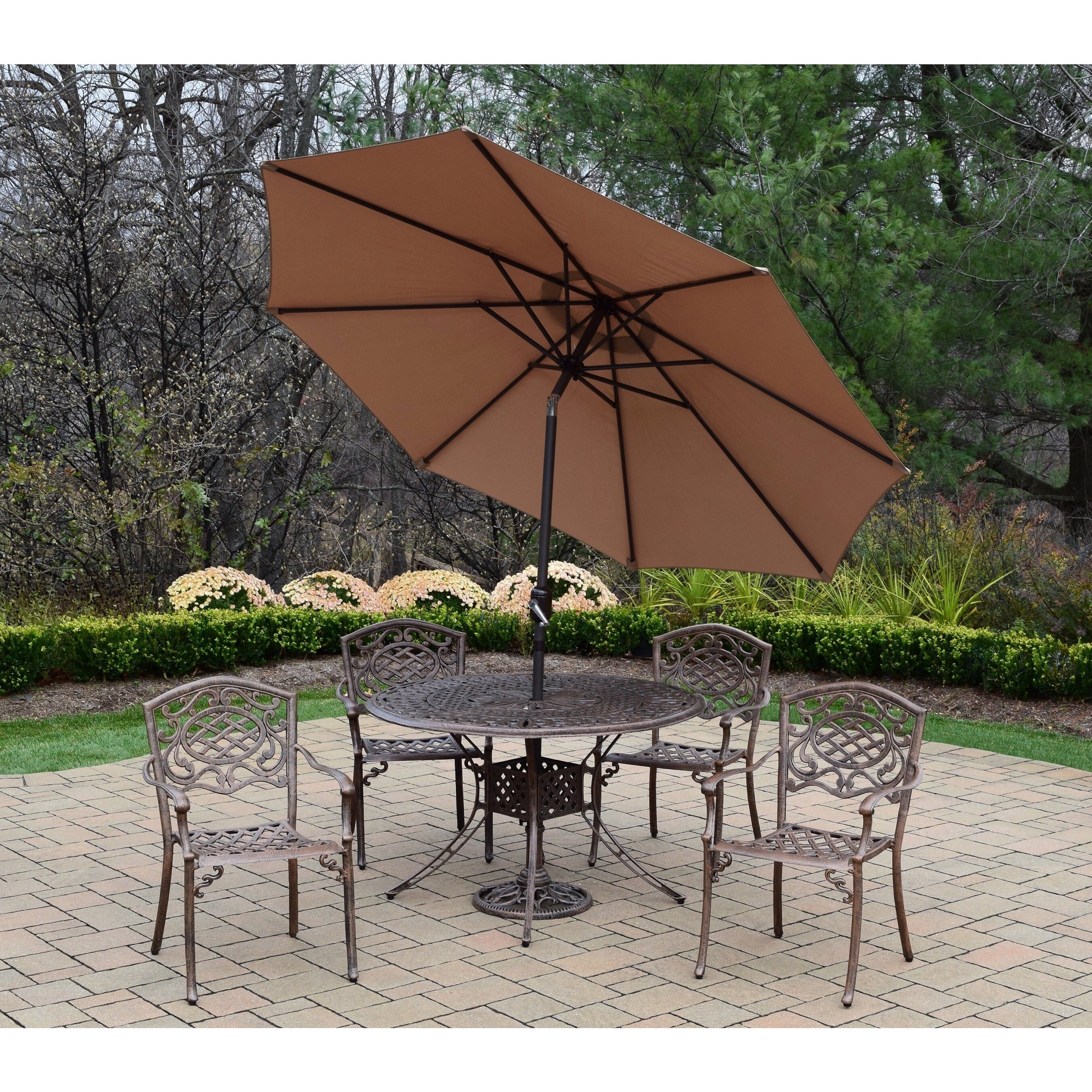 Shop Dining Set With Round Table 4 Stackable Chairs Umbrella And Stand Overstock 13468057