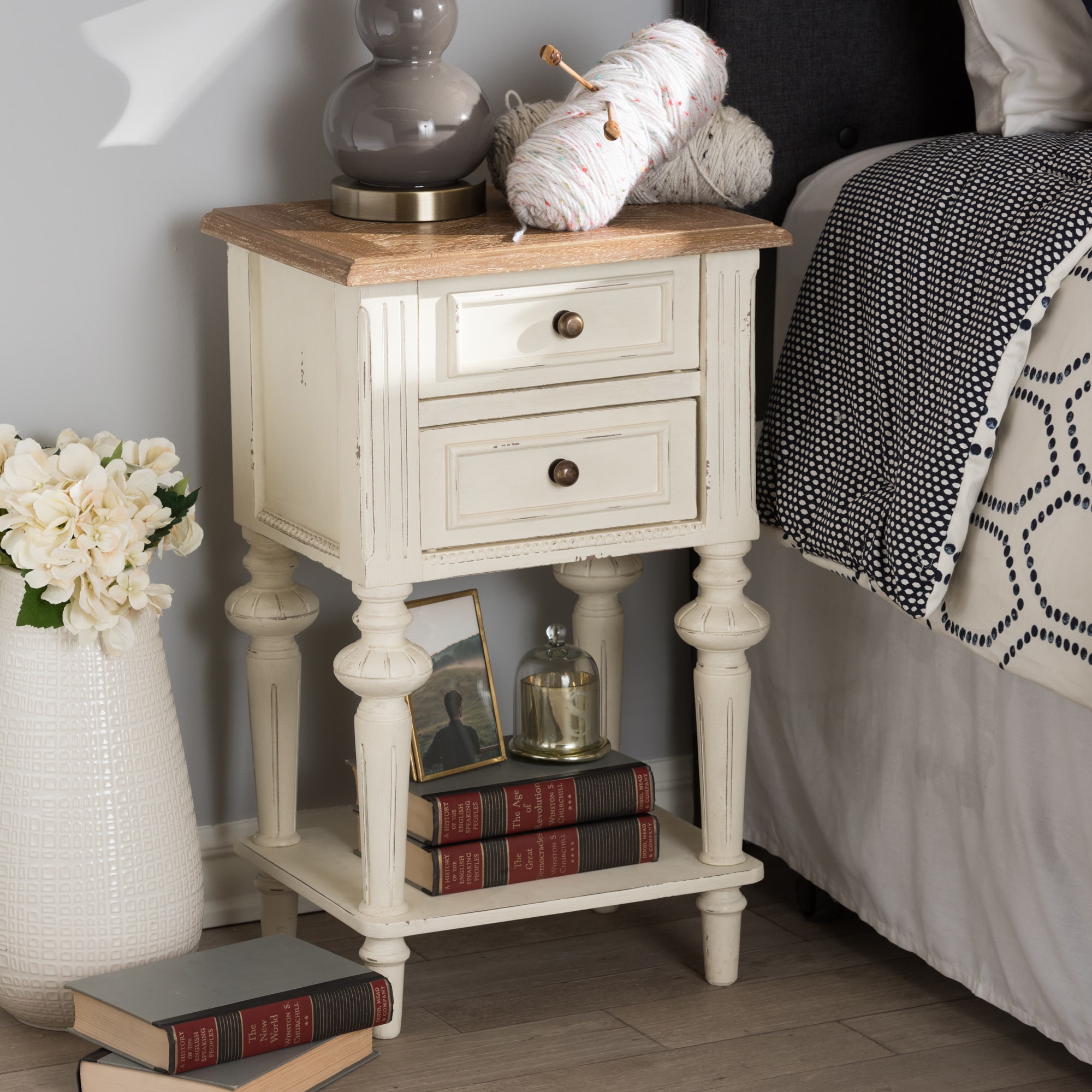 Baxton Studio Helios French Provincial Style Weathered Oak and White Wash Distressed Finish Wood Two Tone Nightstand