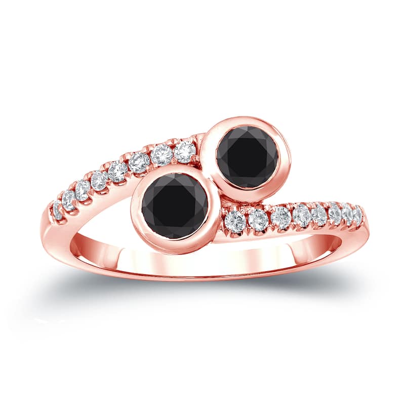 14k Gold Modern Round 1ct TDW 2-Stone Bezel Black Diamond Ring by Auriya