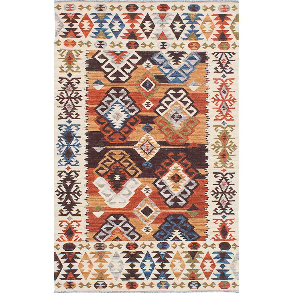 ecarpetgallery Antalya Brown, Ivory Wool Kilim Rug