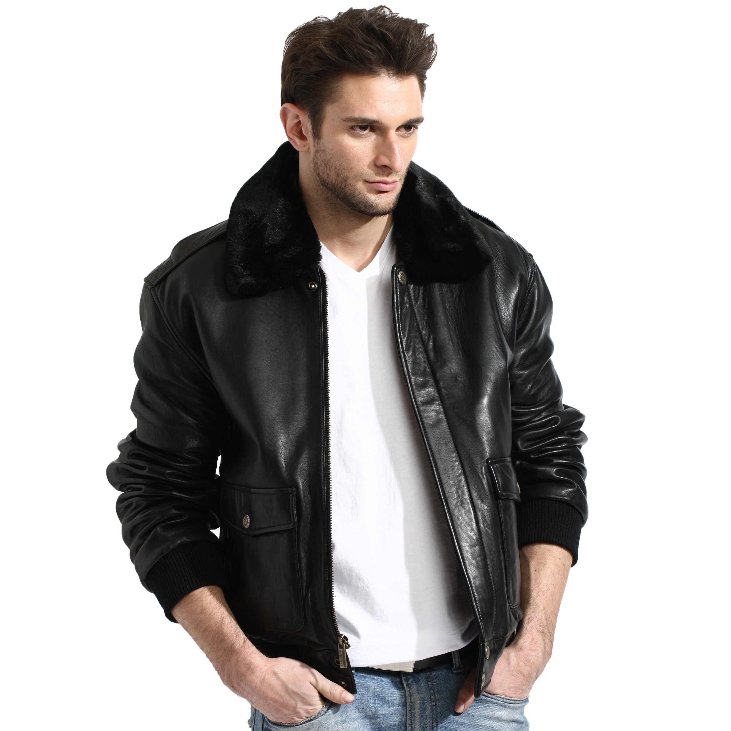 black leather aviator jacket