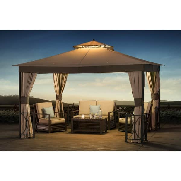 Sunjoy Oasis 12 Ft X 12 Ft Cedar Framed Octagon Gazebo With Black Steel 2 Tier Hardtop A102007901 The Home Depot