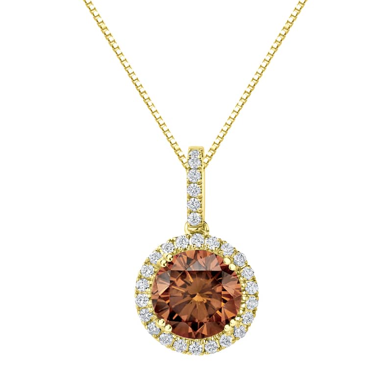 Auriya 14k Gold 2 1/4ct TDW Round Brown Diamond Halo Necklace (SI2-SI3) - Yellow