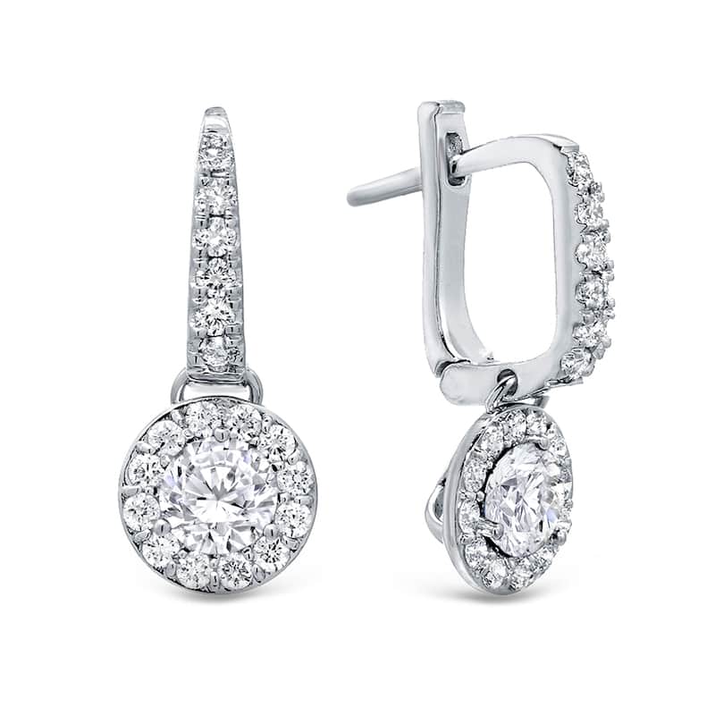14k Gold Round 1 1/2ct TDW Diamond Halo Dangle Earrings by Auriya (H-I,SI1-SI2)