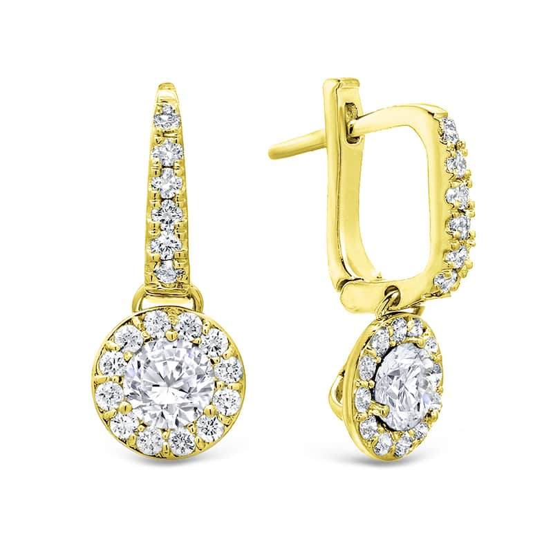 14k Gold Round 1 1/2ct TDW Diamond Halo Dangle Earrings by Auriya (H-I,SI1-SI2)
