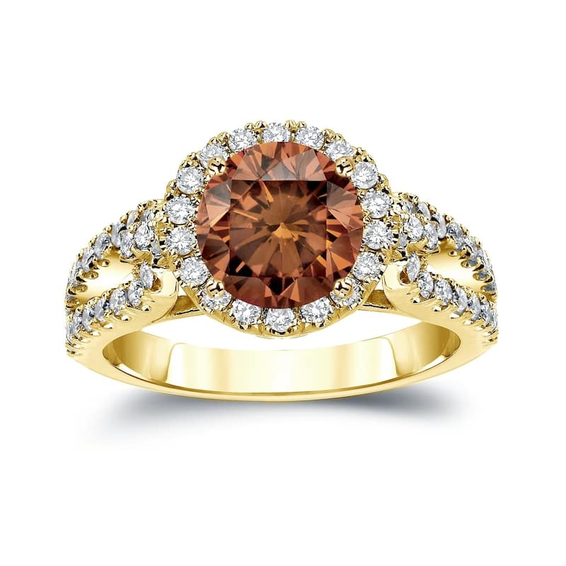 Auriya Round 2 1/3ctw Halo Brown Diamond Engagement Ring 14k Gold - 4 - Yellow