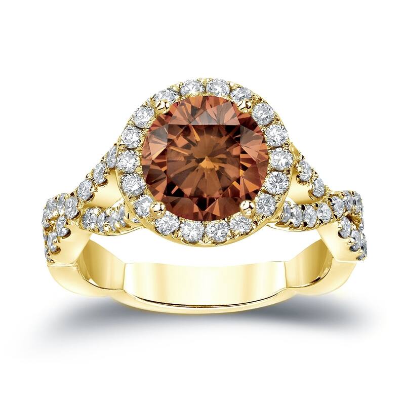 Auriya Twisted Split Shank 2 3/4ctw Halo Brown Diamond Engagement Ring 14K Gold (H-I, SI2-SI3) - 4 - Yellow