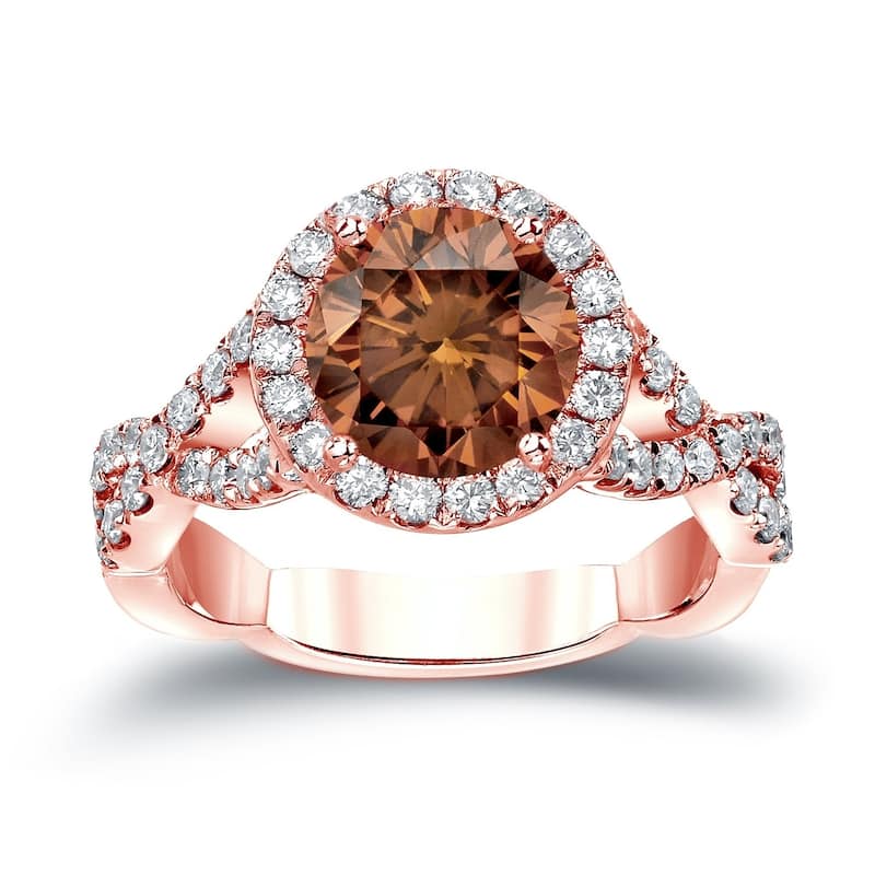 Auriya Twisted Split Shank 2 3/4ctw Halo Brown Diamond Engagement Ring 14K Gold (H-I, SI2-SI3) - 4 - Rose