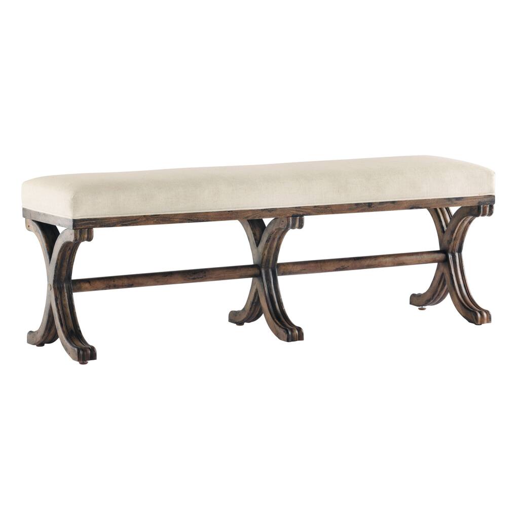 Cream Upholstered Bench with Walnut Finish Wood Base