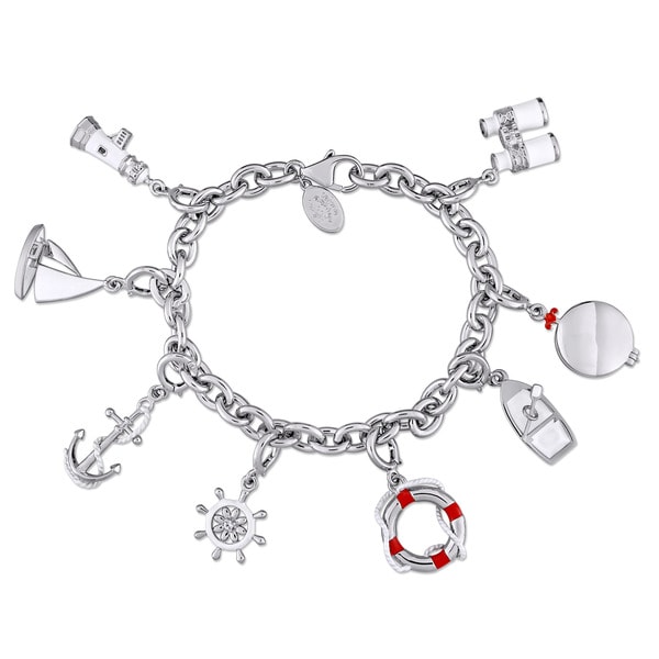 Laura Ashley Nautical Collection Sailor's Created White Sapphire Charm Bracelet in Sterling Silver with Red and White Enamel