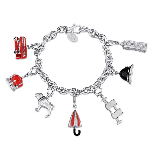 Laura Ashley Great Britain Collection Created White Sapphire Charm Bracelet in Sterling Silver with Red Black & White Enamel
