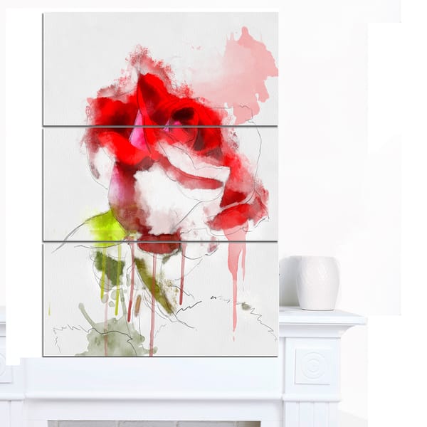 Designart 'Red Rose Sketch with Red Splashes' Large Floral Canvas ...