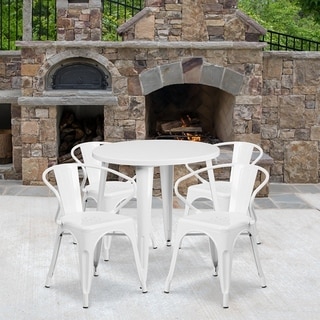 Lancaster Home 30 Round Metal Indoor-Outdoor Table Set with 4 Arm Chairs (White)