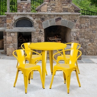 Lancaster Home 30 Round Metal Indoor-Outdoor Table Set with 4 Arm Chairs (Yellow)