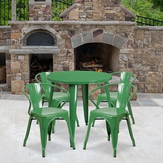 Lancaster Home 30 Round Metal Indoor-Outdoor Table Set with 4 Arm Chairs (Green)