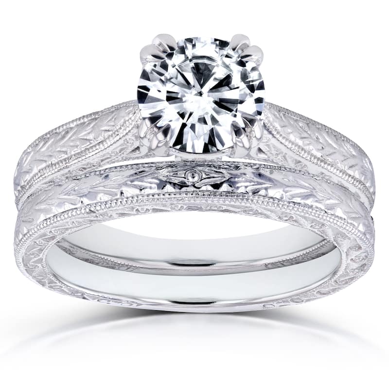 Annello by Kobelli 14k Gold 1ct Round Forever One Moissanite and Diamond Accent Cathedral Bridal Set (GH, I1-I2)