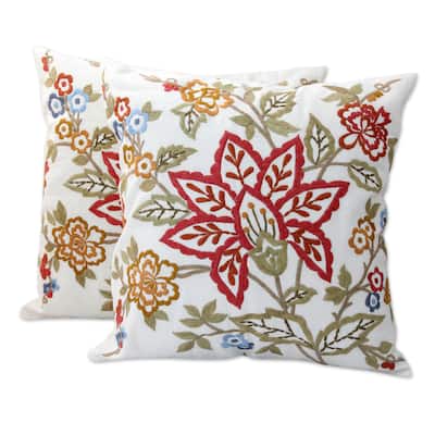 Handmade Pair of 2 Embroidered Cotton Cushion Covers, 'Jaipur Meadow' (India)