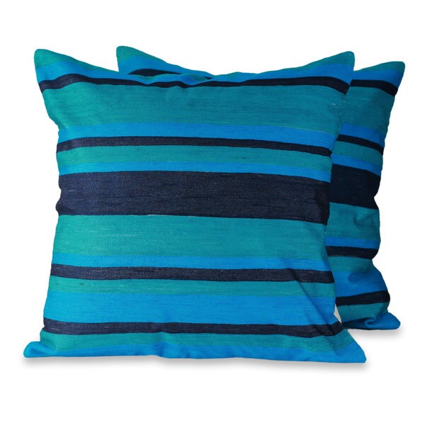 Handmade Embroidered Pair of 2 Cushion Covers Blue Streams (India)