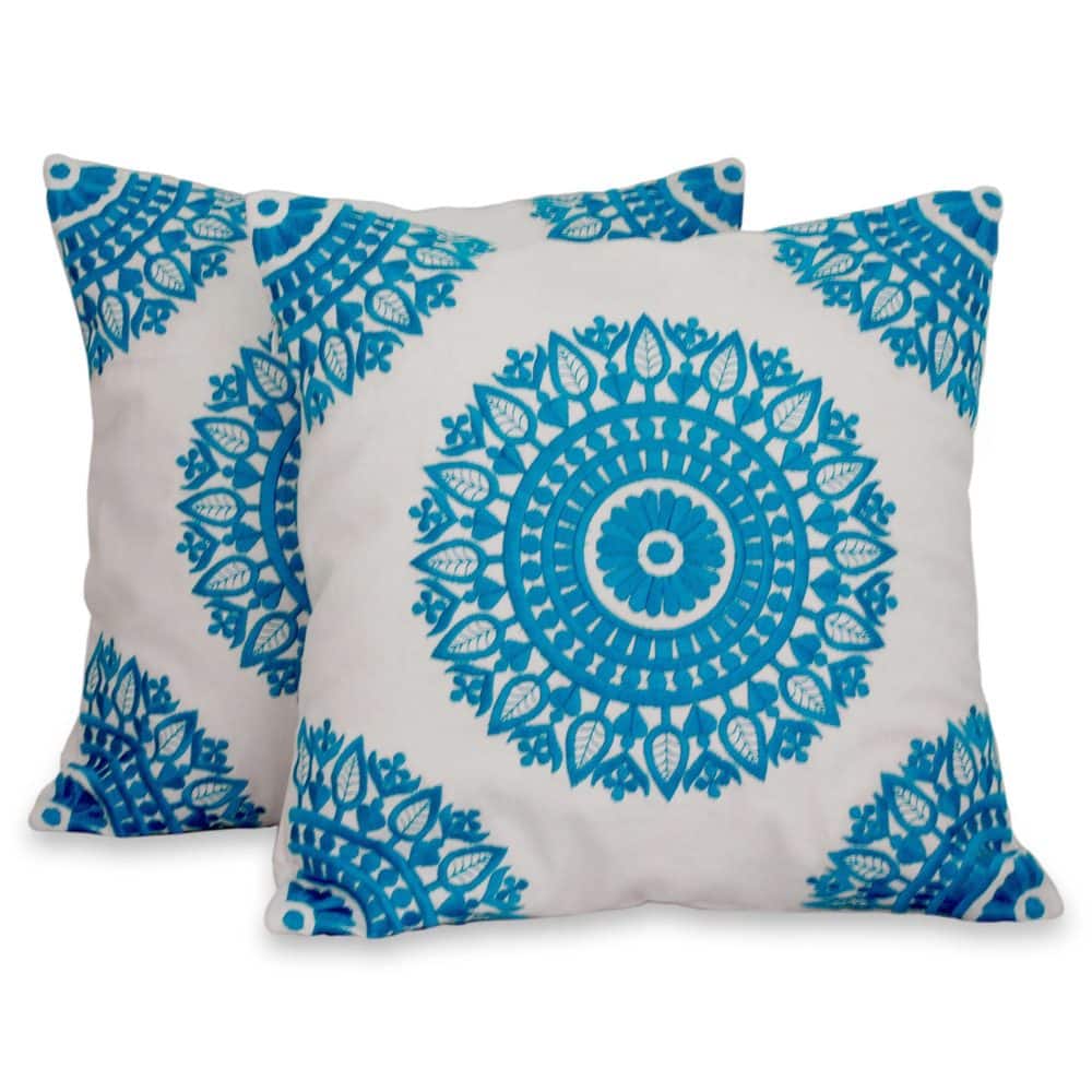 Handmade Cotton Pair of 2 Cushion Covers Cool Turquoise Mandalas (India)
