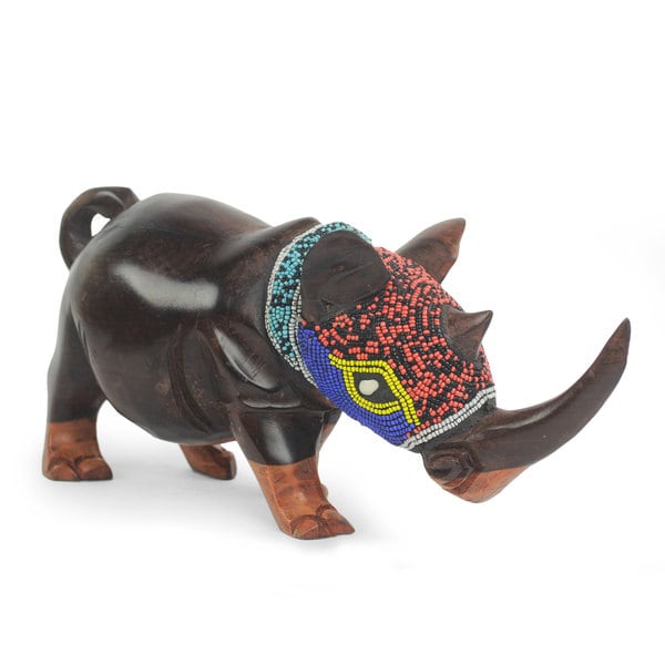 African Beaded Wood Sculpture, 'Proud Rhino' (Ghana)