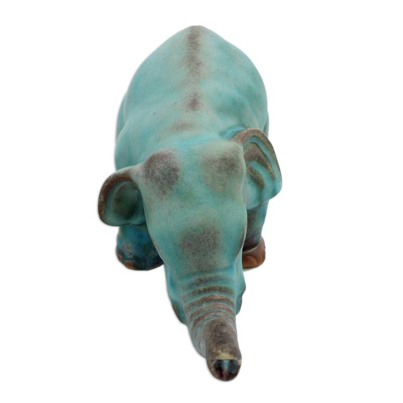 Ceramic Statuette, 'Turquoise Elephant Sawasdee' (Thailand)