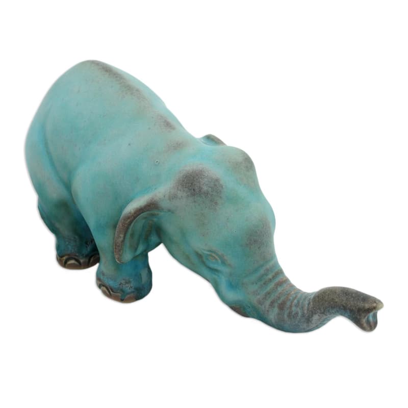 Ceramic Statuette, 'Turquoise Elephant Sawasdee' (Thailand)