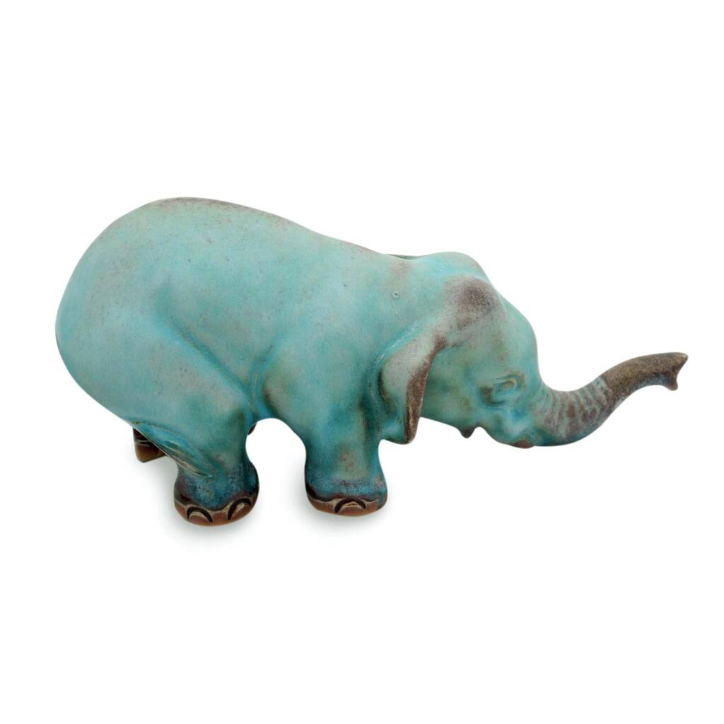 Ceramic Statuette, 'Turquoise Elephant Sawasdee' (Thailand)