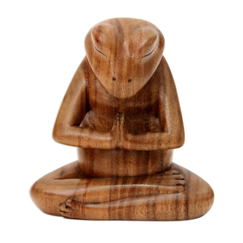 NOVICA Handmade Wood Sculpture, 'Asana Pose Yoga Frog' (Indonesia) - 5" H x 5.25" W x 3" D