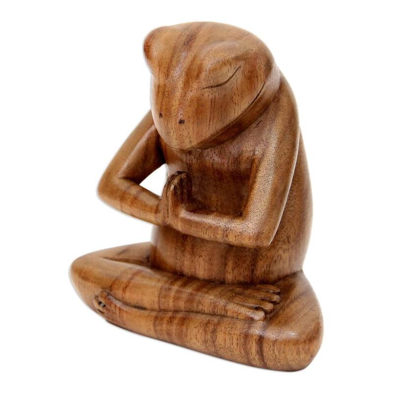 NOVICA Handmade Wood Sculpture, 'Asana Pose Yoga Frog' (Indonesia) - 5" H x 5.25" W x 3" D