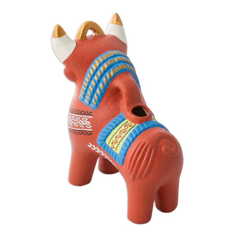 Handmade Ceramic Statuette, 'Festive Pucara Bull' (Peru)