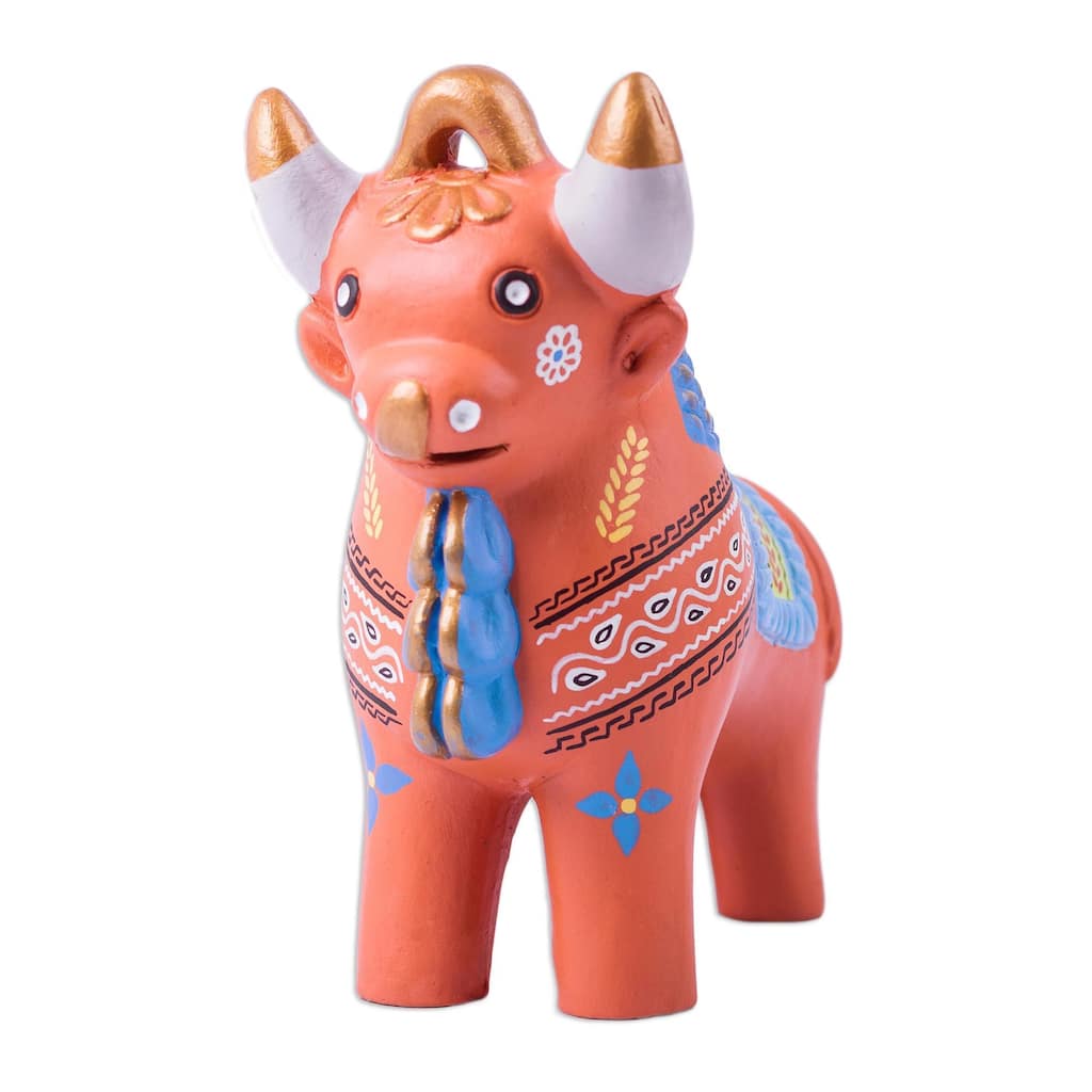 Handmade Ceramic Statuette, 'Festive Pucara Bull' (Peru)