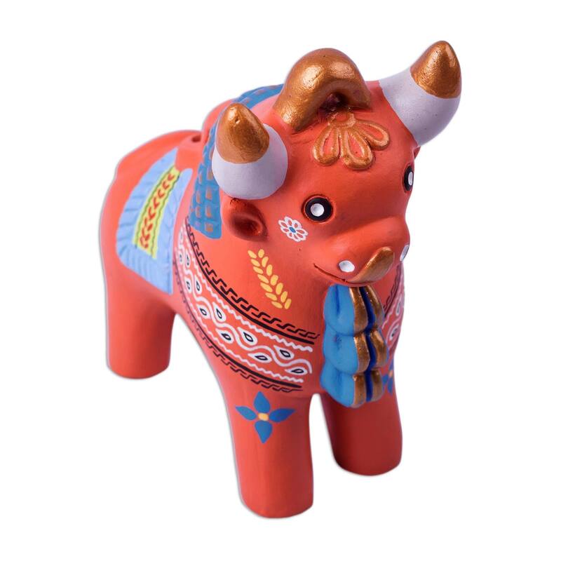 Handmade Ceramic Statuette, 'Festive Pucara Bull' (Peru)